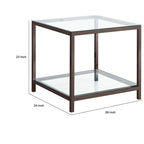 Glass Top End Table with Metal Frame and Open Shelf, Nickel