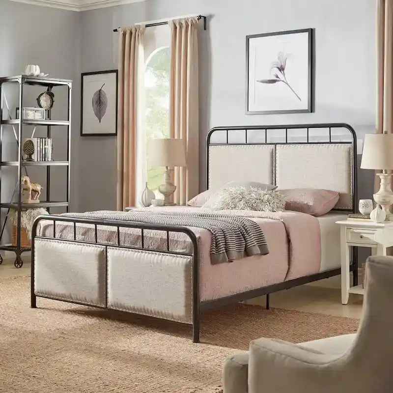 Bridgette Beige Upholstered Black Metal Queen Bed by iNSPIRE Q Classic