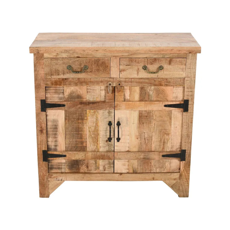 39 Inch Artisanal Farmhouse Style 2 Drawer Mango Wood Cabinet Console with 2 Door Storage Rustic Brown