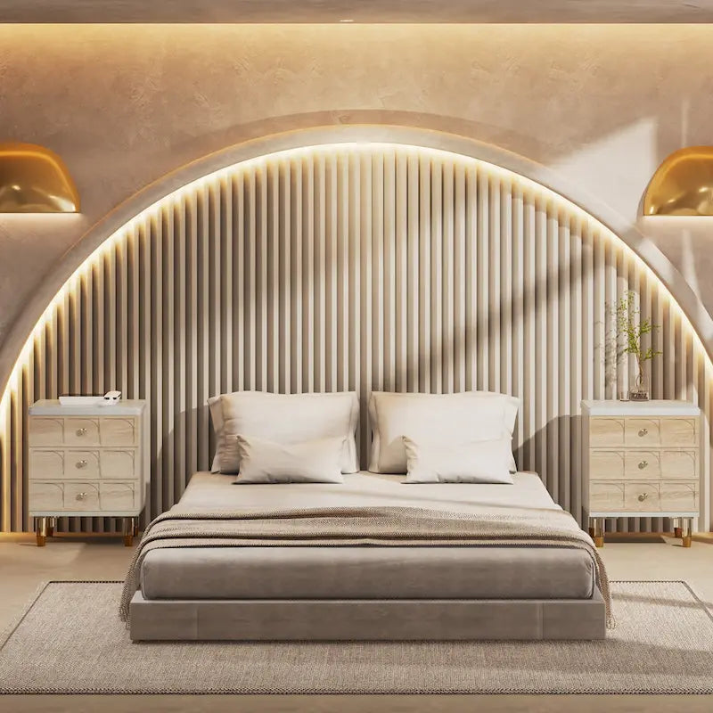 White Gold Nightstand Bedside Table with 3 Drawers