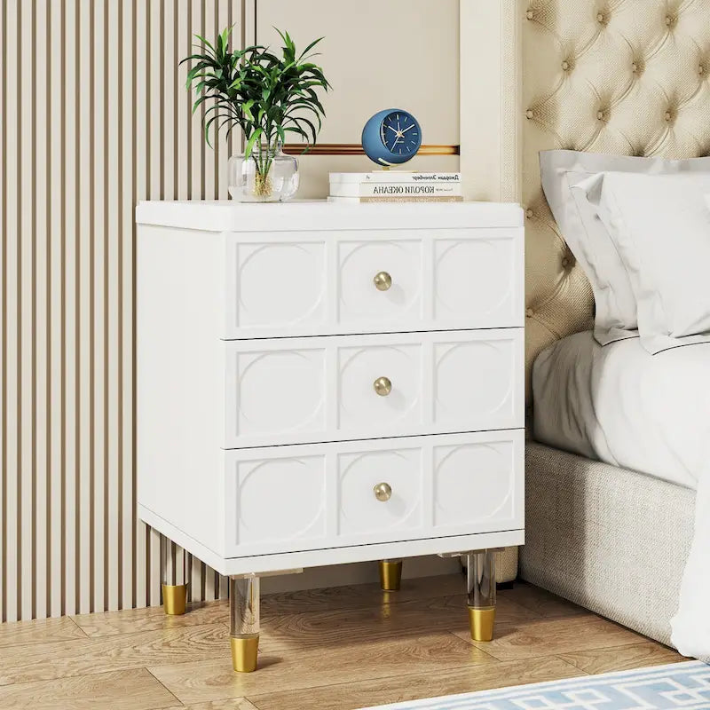 White Gold Nightstand Bedside Table with 3 Drawers