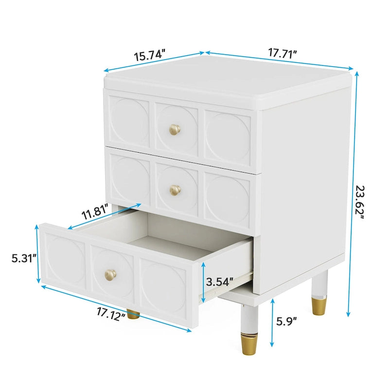 White Gold Nightstand Bedside Table with 3 Drawers