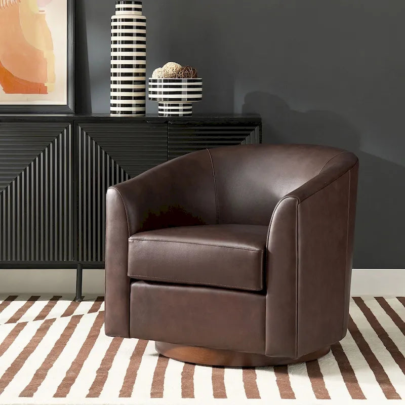 Althea Modern Genuine Leather Swivel Barrel Chair with Solid Wood Base By HULALA HOME