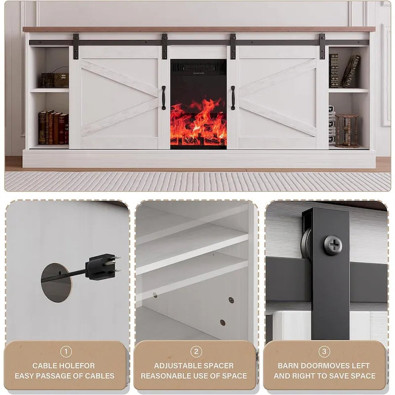 67 Farmhouse TV Stand with Large Cabinet with Sliding Barn Door & Fireplace