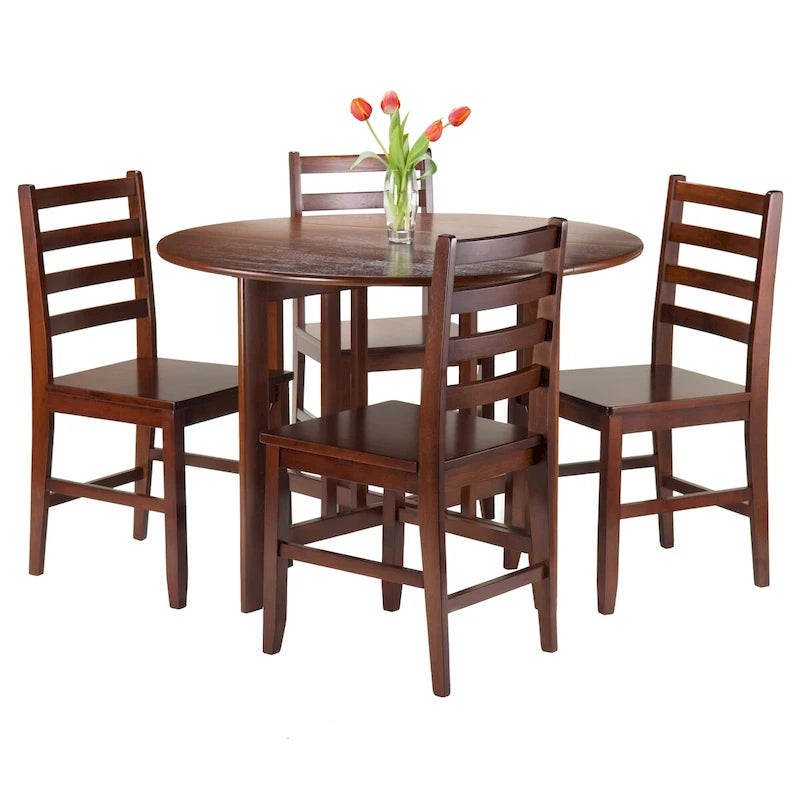 5-Pc Round Drop Leaf Table with Ladder-back Chairs, Walnut