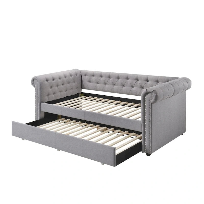 Chesterfield Twin Size Daybed with Attached Trundle and Nailhead Trims,Gray