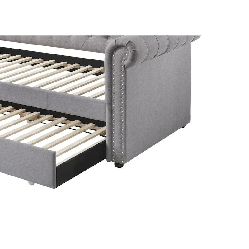 Chesterfield Twin Size Daybed with Attached Trundle and Nailhead Trims,Gray