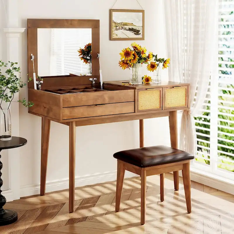 43.3 Classic Wood Makeup Vanity Set with Flip-top Mirror and Stool, Dressing Table with Three Drawers and storage space