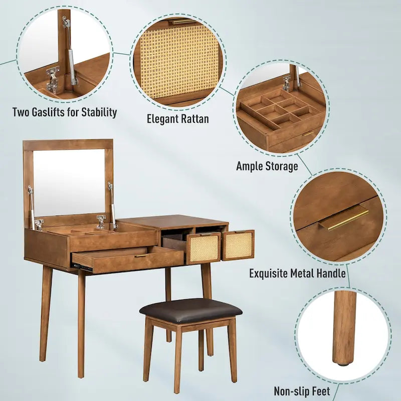 43.3 Classic Wood Makeup Vanity Set with Flip-top Mirror and Stool, Dressing Table with Three Drawers and storage space