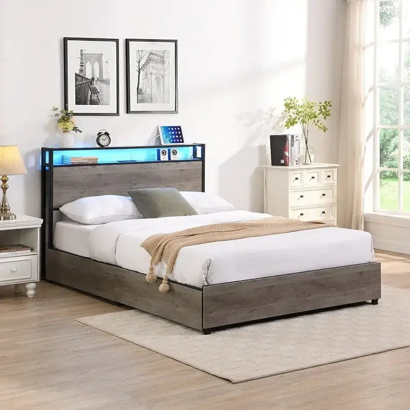 Full Size Platform Bed Frame, Storage Headboard with Charging Station and 4 Storage Drawers