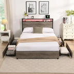 Full Size Platform Bed Frame, Storage Headboard with Charging Station and 4 Storage Drawers