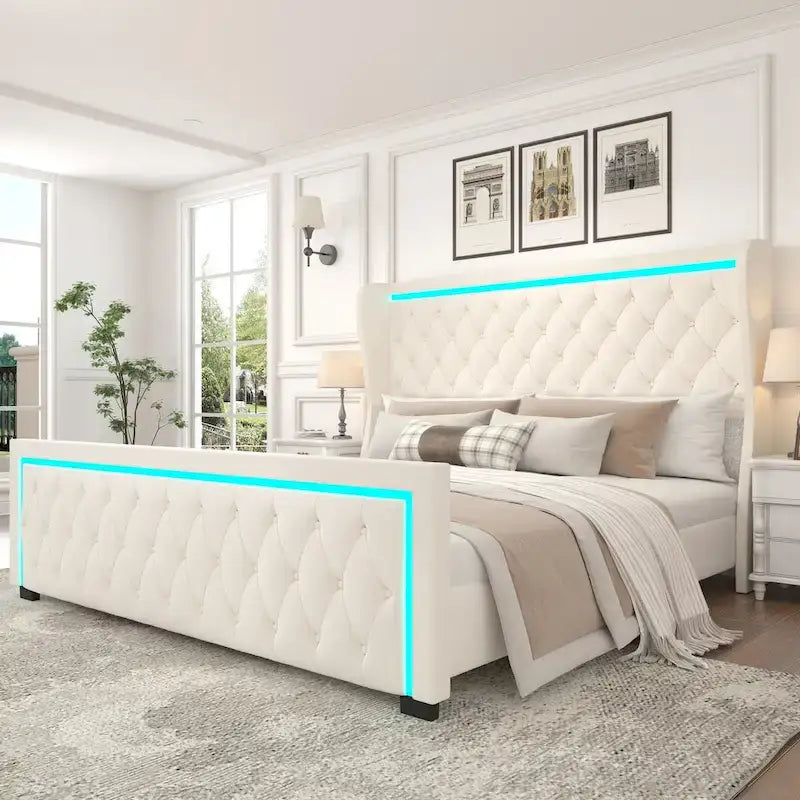 Queen Platform Bed Frame with High Headboard, Velvet Upholstered Bed with Adjustable Colorful LED Light Decorative Headboard