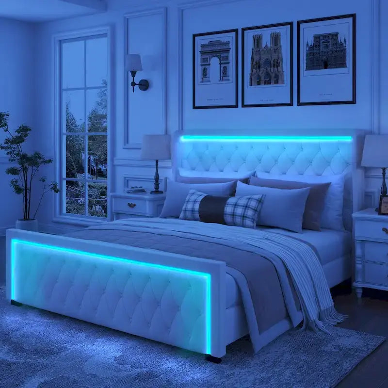 Queen Platform Bed Frame with High Headboard, Velvet Upholstered Bed with Adjustable Colorful LED Light Decorative Headboard