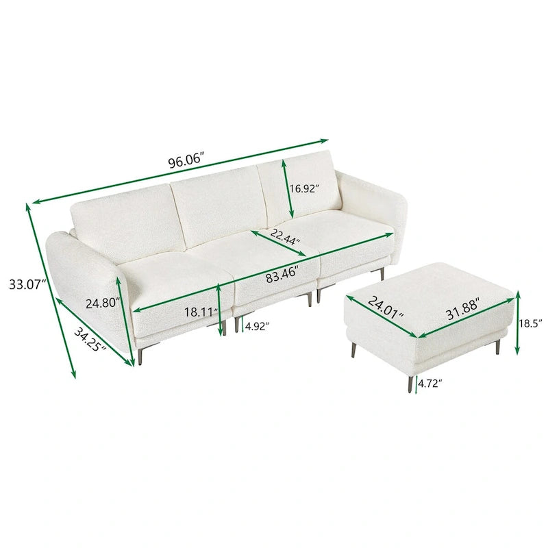 Convertible Sectional Sofa Couch, 3 Seat L-Shaped Sofa with Lamb Fabric, Movable Ottoman