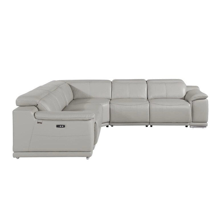 HomeRoots Light Gray Italian Leather Power Reclining U Shaped Five Piece Corner Sectional With Console - 110