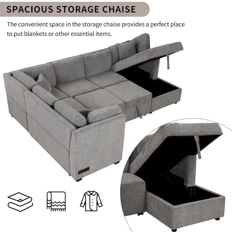 MERAX Sectional Sofa Pull out Sofa Bed with Storage Chaise