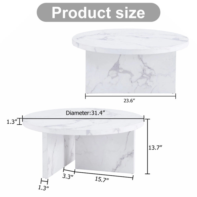 A white MDF material circular patterned coffee table suitable for small spaces and living rooms.