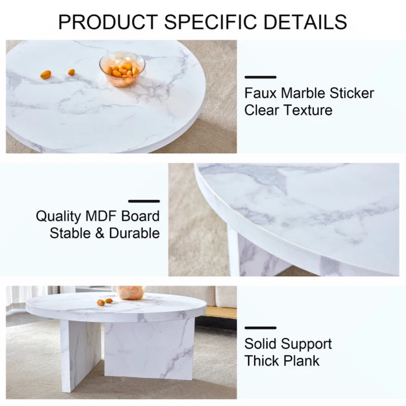 A white MDF material circular patterned coffee table suitable for small spaces and living rooms.