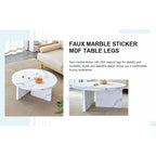 A white MDF material circular patterned coffee table suitable for small spaces and living rooms.