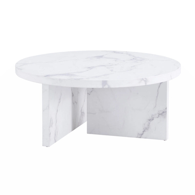 A white MDF material circular patterned coffee table suitable for small spaces and living rooms.