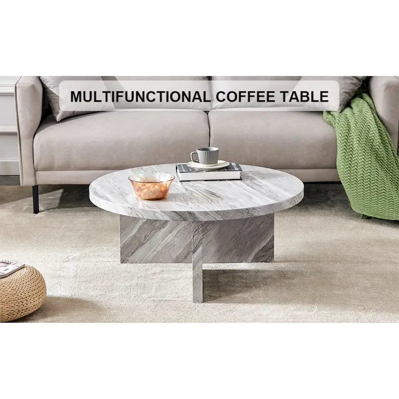 A white MDF material circular patterned coffee table suitable for small spaces and living rooms.