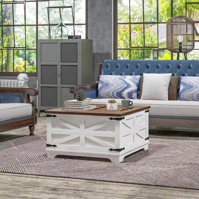 HOMCOM Farmhouse Coffee Table with Storage, Center Table with Hinged Lift Top and Hidden Space, Square Coffee Table
