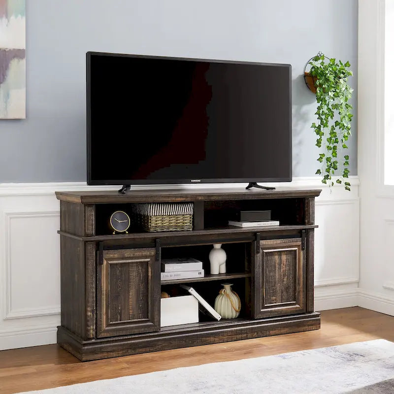 Media Console Table with Storage Cabinet, Mid Century style Entertainment TV Table, Multipurpose Sliding Door TV Cabinet
