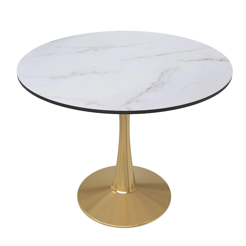 LeisureMod Bristol 35 Round Dining Table for 4 with MDF Tabletop in Gold Steel Base for Kitchen & Dining Room