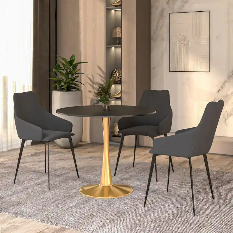 LeisureMod Bristol 35 Round Dining Table for 4 with MDF Tabletop in Gold Steel Base for Kitchen & Dining Room