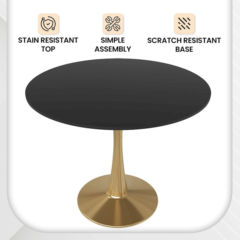 LeisureMod Bristol 35 Round Dining Table for 4 with MDF Tabletop in Gold Steel Base for Kitchen & Dining Room