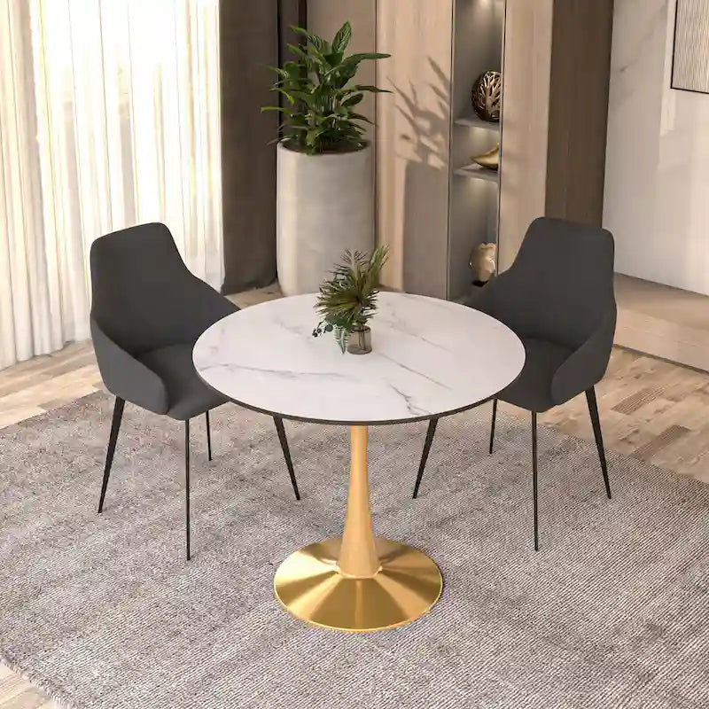 LeisureMod Bristol 35 Round Dining Table for 4 with MDF Tabletop in Gold Steel Base for Kitchen & Dining Room