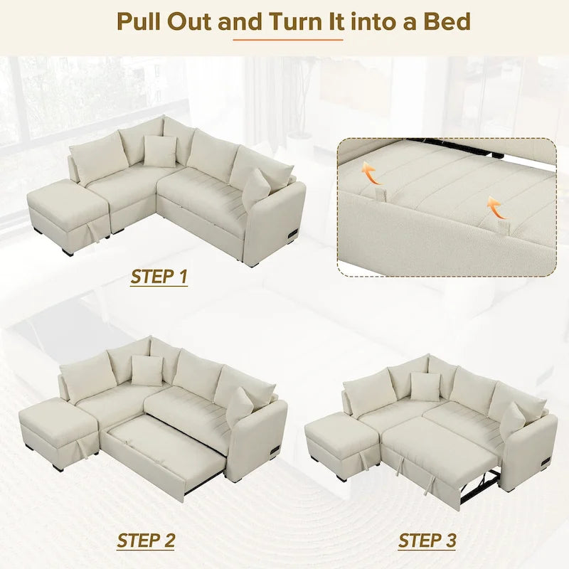 L-shaped Sectional Pull Out Sofa Bed Sleeper Sofa USB,Power Sockets and a Movable Storage Ottoman, Beige