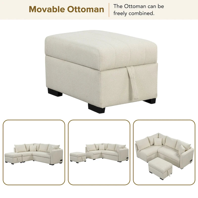 L-shaped Sectional Pull Out Sofa Bed Sleeper Sofa USB,Power Sockets and a Movable Storage Ottoman, Beige