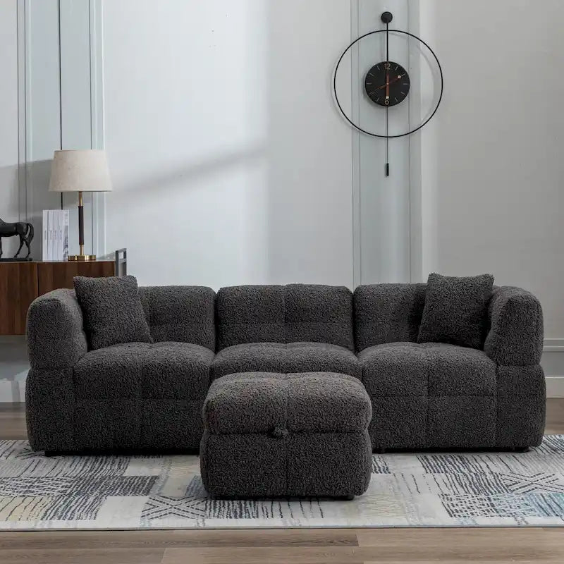 87.7 Sectional Sofa Cozy Teddy Fleece Fabric Sectional Sofa Couch
