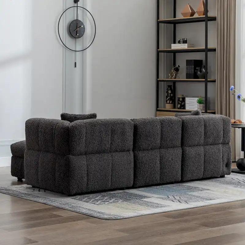 87.7 Sectional Sofa Cozy Teddy Fleece Fabric Sectional Sofa Couch