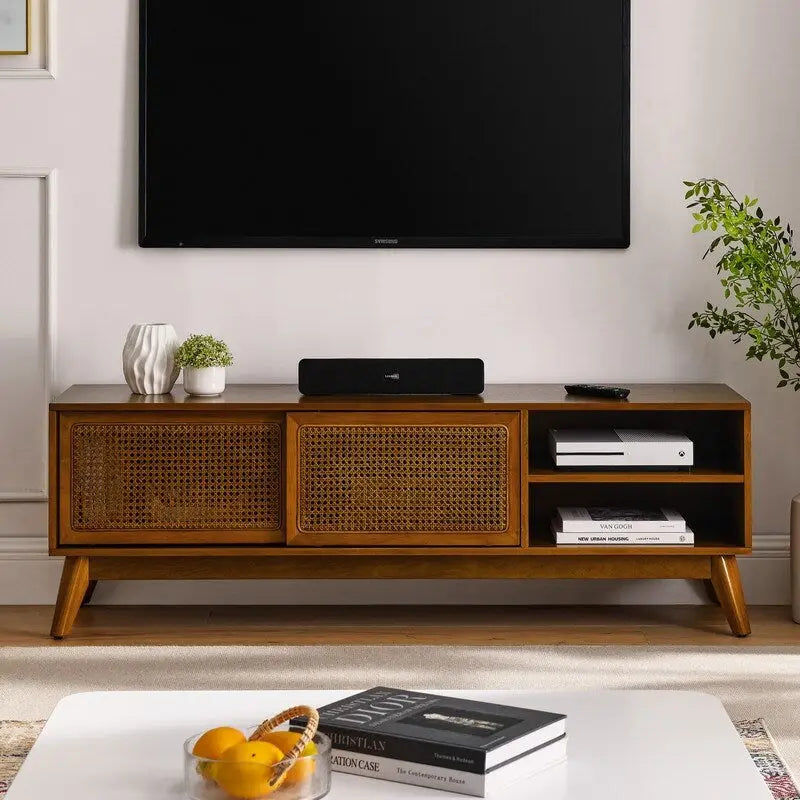 Modern Rattan TV Stand for 65 Inch TV, Entertainment Cabinet, Media Console