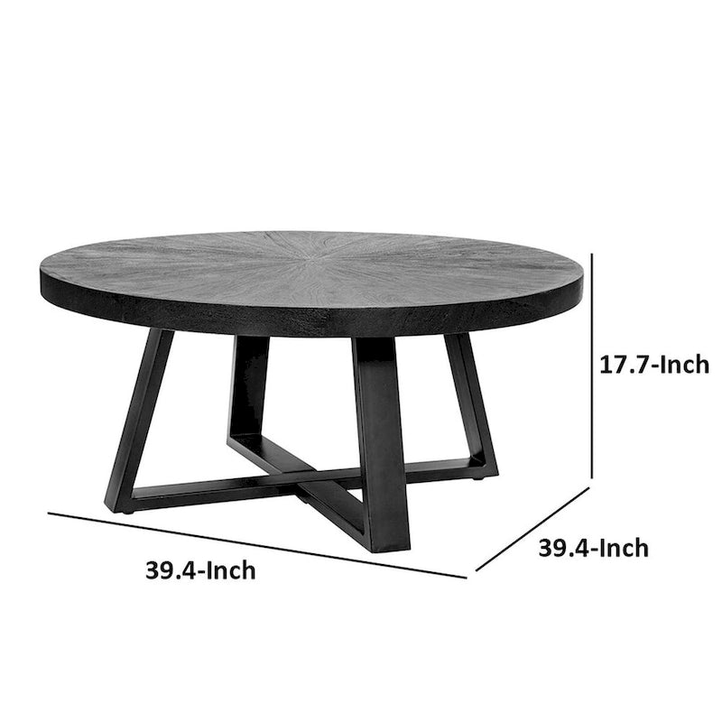 Raj 39 Inch Round Coffee Table, Cross Legs Design, Black Acacia Wood, Iron