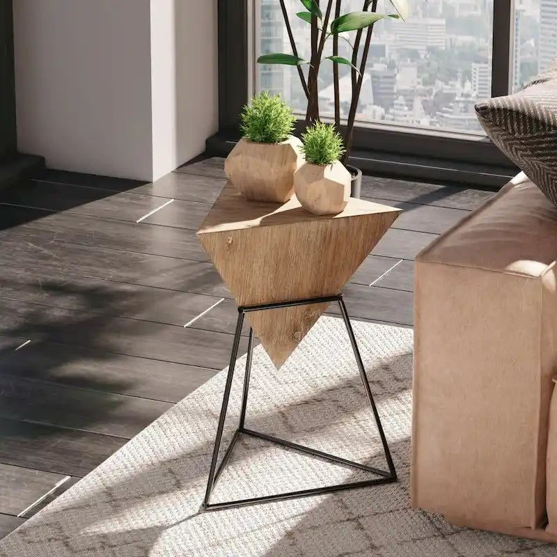 COZAYH Modern Geometric End Table with Wooden Top and Metal Base, Unique Pyramid Side Table Plant Stand for Office, Triangle
